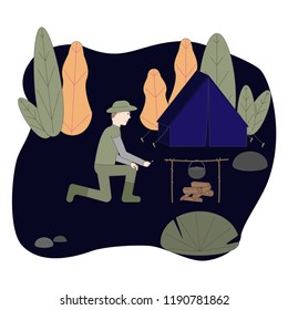 Man at the camping. Set fire. Make an outdoor dinner. Recreational activities. Autumn rest. Vector doodle design illustration