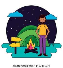 man camping tent campfire vacations mountians vector illustration