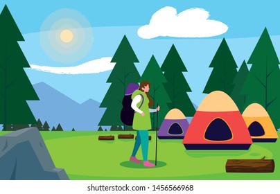 man camping tent forest tents trees field