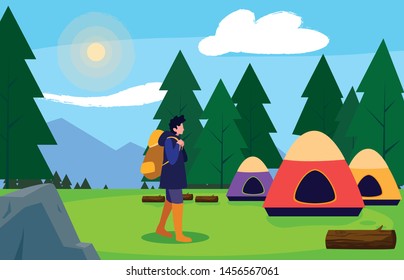 man camping tent forest tents trees field