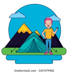 man camping tent vacations mountians vector illustration