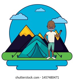 man camping tent vacations mountians vector illustration
