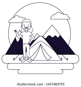 man camping tent vacations mountians vector illustration