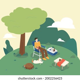 A man is camping while sitting on a chair in the open nature. There is a table and a cooler around him, and a dog is sitting next to him. flat design style minimal vector illustration.