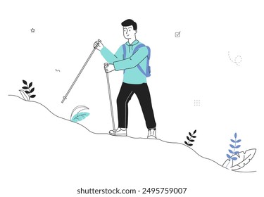 Man with camping. Young guy with backpack climbs mountain. Active lifestyle and sports. Tourist and traveler at hill. Person with hiking. Linear vector illustration isolated on white background