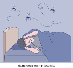 A man can not sleep with a loud mosquito noise. hand drawn style vector design illustrations. 