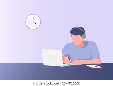 man can work and study online at home. Vector illustration flat design concept.