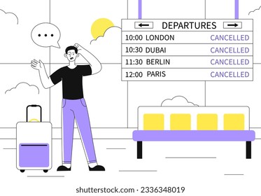 Man with canceled flight line concept. Young guy with luggage in airport waiting his airplane. Travel and tourism, flight. Character near schedule board. Linear flat vector illustration
