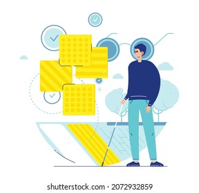 man with cane crossing road at crosswalk with tactile warning tiles. Barrier free environment, vector illustration