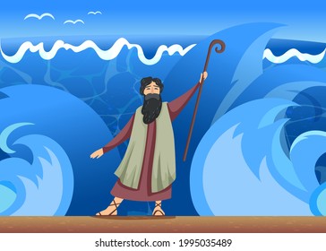 Man with cane standing in front of waves of raging ocean. Cartoon vector illustration. Moses, man with staff and beard in ordinary clothes, ruling over water. Myth, religion, water, Testament, concept