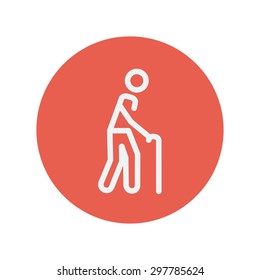 Man with cane thin line icon for web and mobile minimalistic flat design. Vector white icon inside the red circle