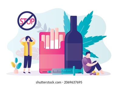 Man Cannot Cope With Drug And Alcohol Addiction. Girl Shocked By What She Saw. Male Character Abuse Nicotine And Narcotic Substances. Concept Of Alcoholism And Narcology. Flat Vector Illustration