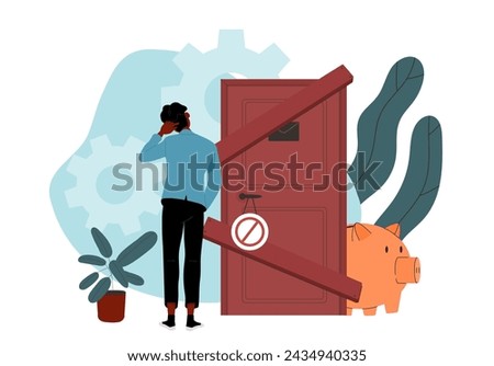 Man cannot pass door. Young guy near blocked wooden door with golden piggy bank. Financial obstacles for entrepreneur and businessman. Trader and investor. Cartoon flat vector illustration