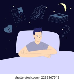 
a man cannot relax and fall asleep because he is thinking about various problems. insomnia concept