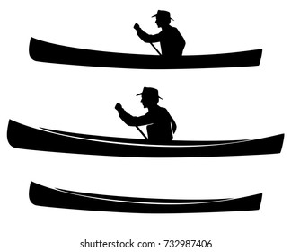 man in canoe boat black vector silhouette and outline design set