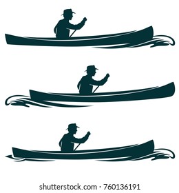 Man In Canoe Boat Side View Vector Design Set