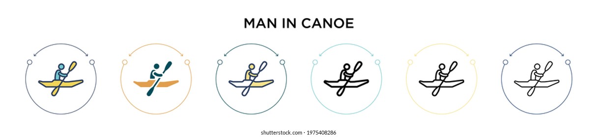 Man in canoe icon in filled, thin line, outline and stroke style. Vector illustration of two colored and black man in canoe vector icons designs can be used for mobile, ui, web