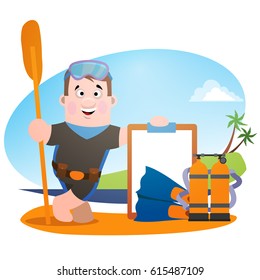 A man with a canoe paddle, a poster and oxygen bottles. Diving and trism.