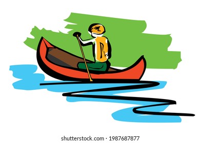 
The man in the canoe. Sports and recreation on the water. Tourism for health and good mood. Illustration isolated on white background. Illustration for magazines, postcards, logos.