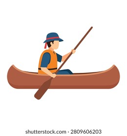 Man canoeing on lake flat vector illustration isolated for outdoor sport recreation.