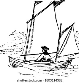 Man canoeing on a small river, vintage line drawing or engraving illustration.