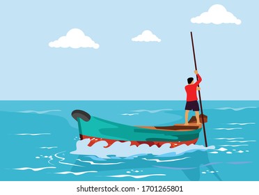 A man canoeing in the sea for background illustration and image