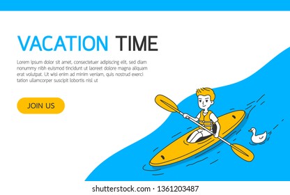 A man canoes in the river, simple and clean doodle vector illustration