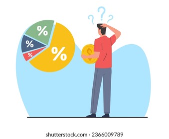 El hombre no puede averiguar dónde invertir dinero y a qué tipo de interés. La persona que piensa toma decisiones sobre la estrategia de inversión. Tablero estadístico. Dibujo plano de caricatura. Concepto de vector