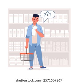 Man cant find groceries on list. Shopping in supermarket, thinking male character hold empty basket, choosing and buying food and drink in shop. Vector cartoon isolated vector concept