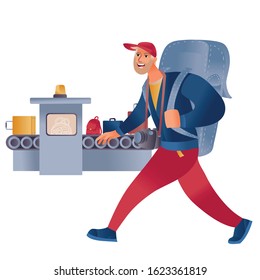 man in a cap with a backpack and with a camera goes past the tape with luggage at the airport,