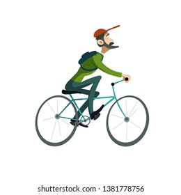 a man in a cap with a backpack riding a bicycle