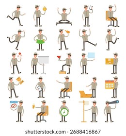 man with cap character set in different poses illustration