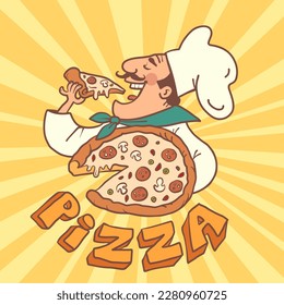 Ein Mann in einer Kappe und eine Koch-Uniform hält und isst Pizza. Italienisches Restaurant. Lieferung der köstlichen und frischen Speisen. Produktqualitätssicherung.