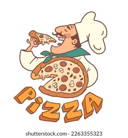 A man in a cap and a chefs uniform is holding and eating pizza. Italian signature restaurant. Delivery of the most delicious and fresh food. Product quality assurance.