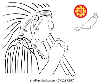 A man in a cap of condor feathers with a flute. Sign of the Incas of the sun, denoting the Andes. 