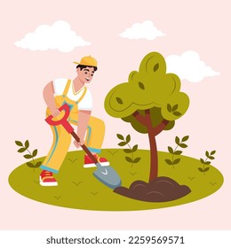 Un hombre con gorra desentierra el suelo con una pala y planta un árbol. Concepto de jardinería, protección ambiental. Ilustración del vector