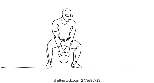 Man in cap doing kettlebell exercise with one knee on ground fitness