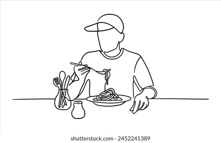 Man in a cap eating spaghetti  isolated on white background. Eating line art drawing. Vector illustration