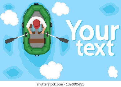 Man in a cap floats on an inflatable boat top view.