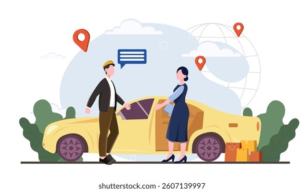 A man in a cap greets a woman near a yellow car, with shopping bags, map pins, and a globe background. Urban transportation and taxi service concept. Vector illustration