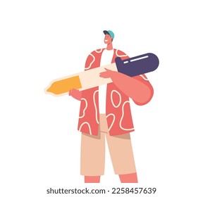 Man in Cap Hold Large Pipette for Taking Samples and Mixing Colors. Successful Graphic Designer Character Prepare to Create Images Isolated on White Background. Cartoon People Vector Illustration