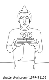 man in the cap holding a cake with candles in the form of "20K". one line drawing blogger or author to celebrate the achievement of 20 thousand subscribers, patrons, followers, donators