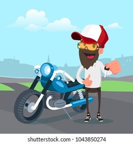 Man in cap holding the key of a new motorcycle, Cartoon Vector Illustration