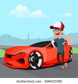 Man in cap holding the key of a new red sports car, Cartoon Vector Illustration.