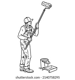 Hombre con gorra y overoles de pie en cubo y bandeja de pintura mientras se pinta la pared con un rodillo largo de estilo monocromo vintage, ilustración vectorial