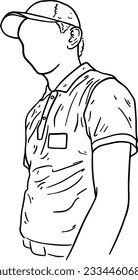 Man in cap and polo shirt catering worker courier uniform doodle linear cartoon coloring