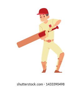 Man in cap and sport uniform stands holding cricket bat cartoon style, vector illustration isolated on white background. Male cricket player or batsman in face shield and knee pads