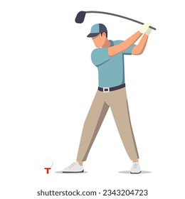 Man in cap and sportswear swinging golf club  on white background.