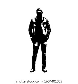 Man with cap standing with hands in pockets, casual clothing. Isolated vector silhouette. Front view. Young adult person