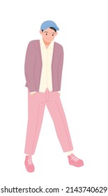 A man in a cap is standing with his hands in his pockets. flat design style vector illustration.